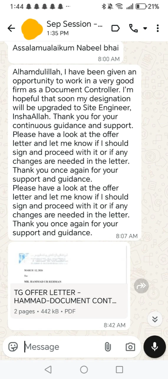 WhatsApp feedback screenshot 1 shared with Nabeel Asim