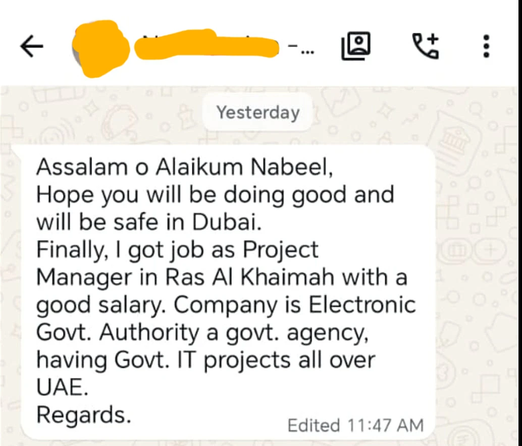 WhatsApp feedback screenshot 5 shared with Nabeel Asim